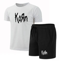 Summer Men's Sportswear KORN Fitness Suit Running Clothes Casual T-shirt + Shorts Sets Breathable 2 Piece Jogging Tracksuit