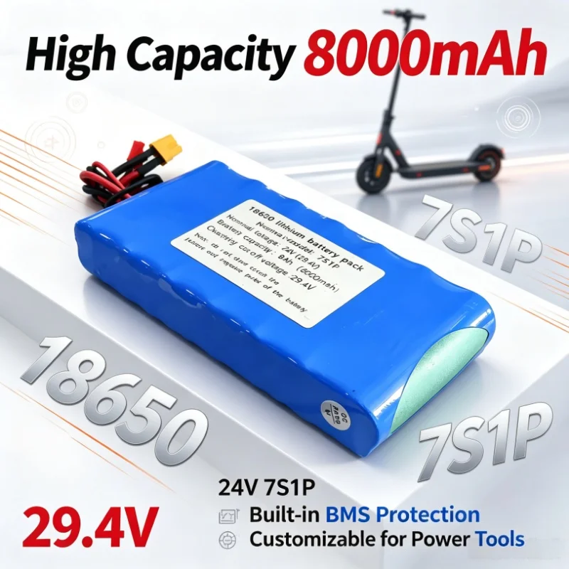 29.4V 7S1P 24V 8000mAh 18650 Li-ion Pack, Built-in BMS, Customizable for Electric Scooter, Bicycle, Toys