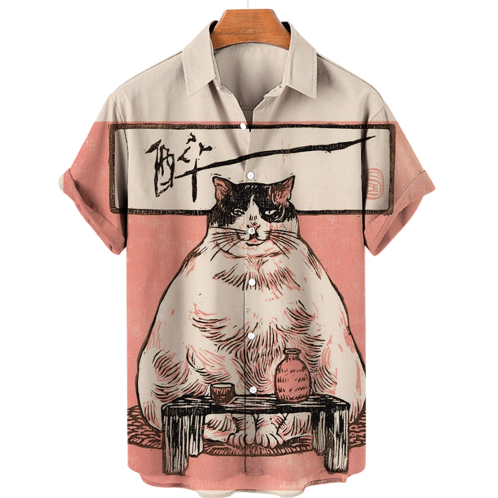 Men\'s Cat Pattern Swordsman Assassin Warrior Shirts Fitness Gym Clothing Men Robe Male Fashion Checked Blouse Hawaiian Dazn