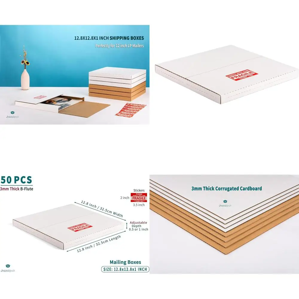 Caixas de Envio para Discos de Vinil de 12 Polegadas, 50 Unidades, 12.8x12.8x1 Polegadas, Envelopes Resistentes de Várias Profundidades com Etiquetas Frágil, Brancas