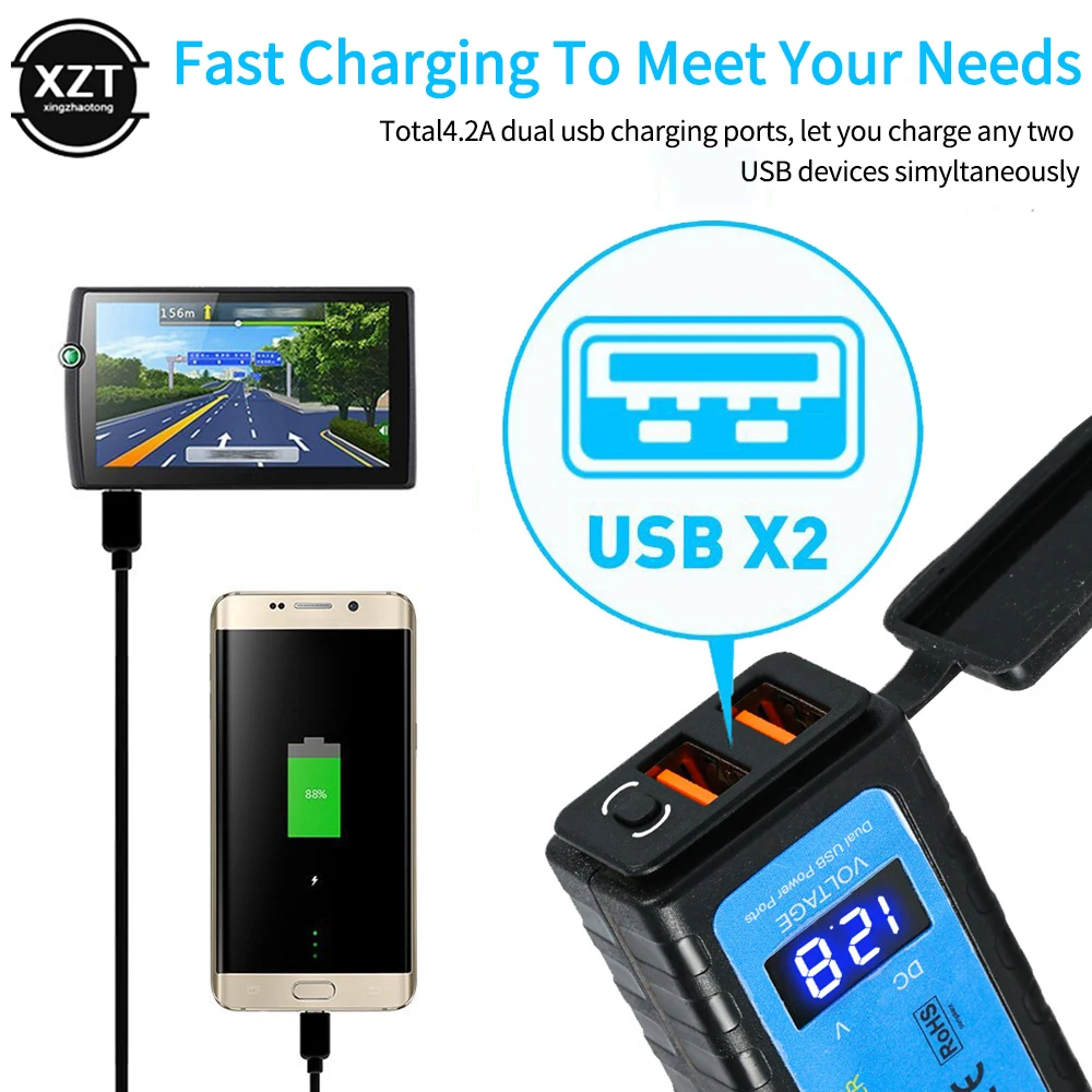 SAE To USB Adapter with Voltmeter Display Motorcycle Waterproof Dual USB QC3.0 Charger for Smart Phone Tablet GPS