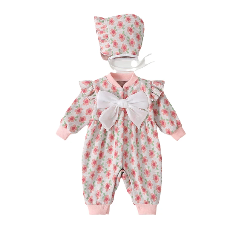 Autumn New girl baby Playsuit set sweet flower Bow Soft Baby Romper+hat 2 pieces Set Long sleeved Cute Baby Bodysuits clothing