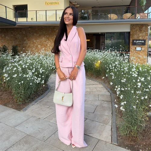 Imagen 2 del producto PB & ZA2025, novedad de verano, temperamento elegante para mujer, chaleco con cuello Halter y doble botonadura, conjunto de pantalones informales de pierna ancha cómodos