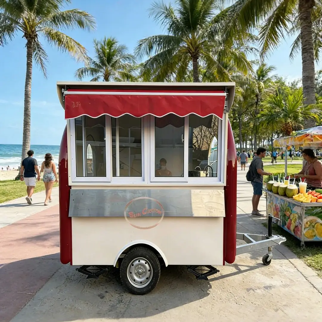 

Fiberglass Street Vending Cart with Stainless Steel Counter Sink Refrigerator Mobile Food Cart for Outdoor Use