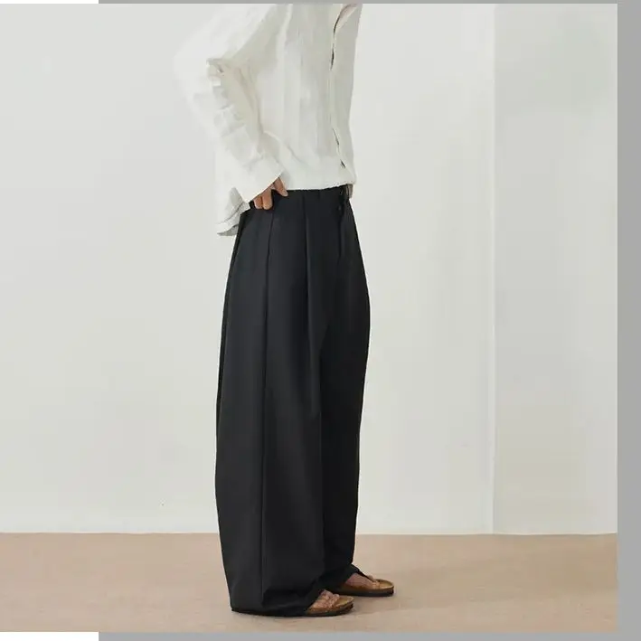 Calças pretas resistentes a rugas para homens e mulheres relaxadas pernas largas versáteis calças casuais de perna reta com bolsos macios