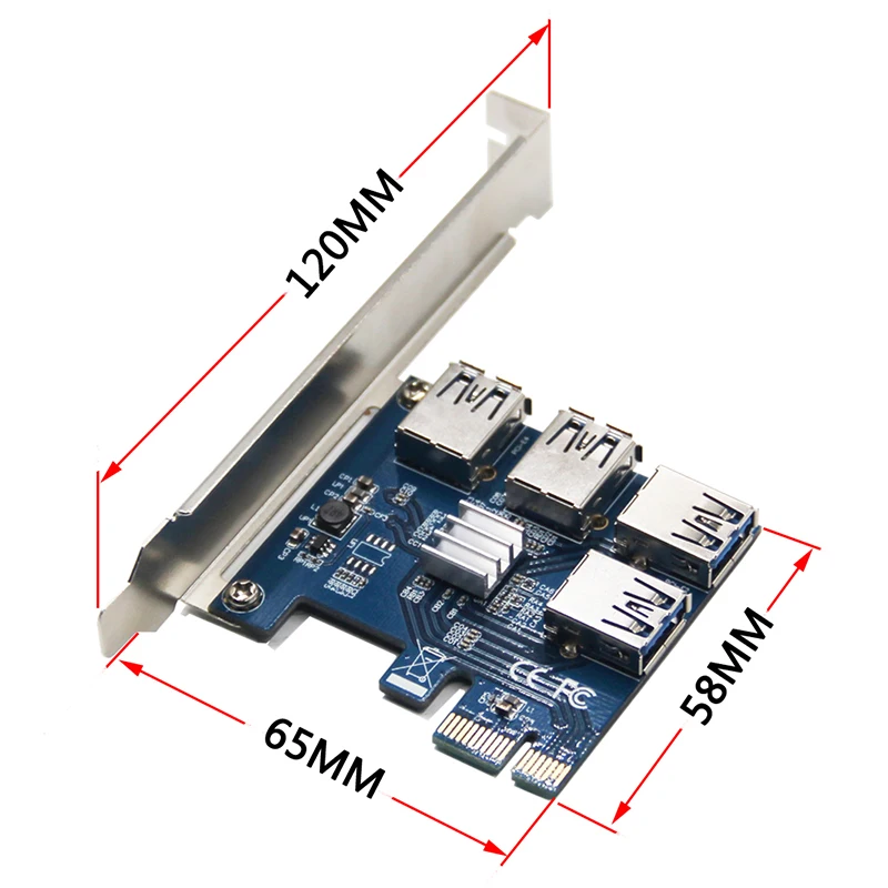 Cartão de Expansão PCI Express para Bitcoin Miner, PCIE 1 a 4 Portas, USB 3.0, Cartão Riser PCI-E, Antminer Mineração BTC