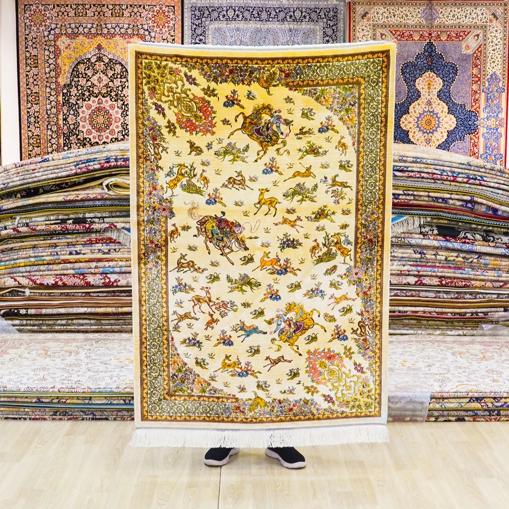 1x1.5m Handknotted Silk Carpet Hunting Animal Tapestry Antistatic Rug (TJ803A)