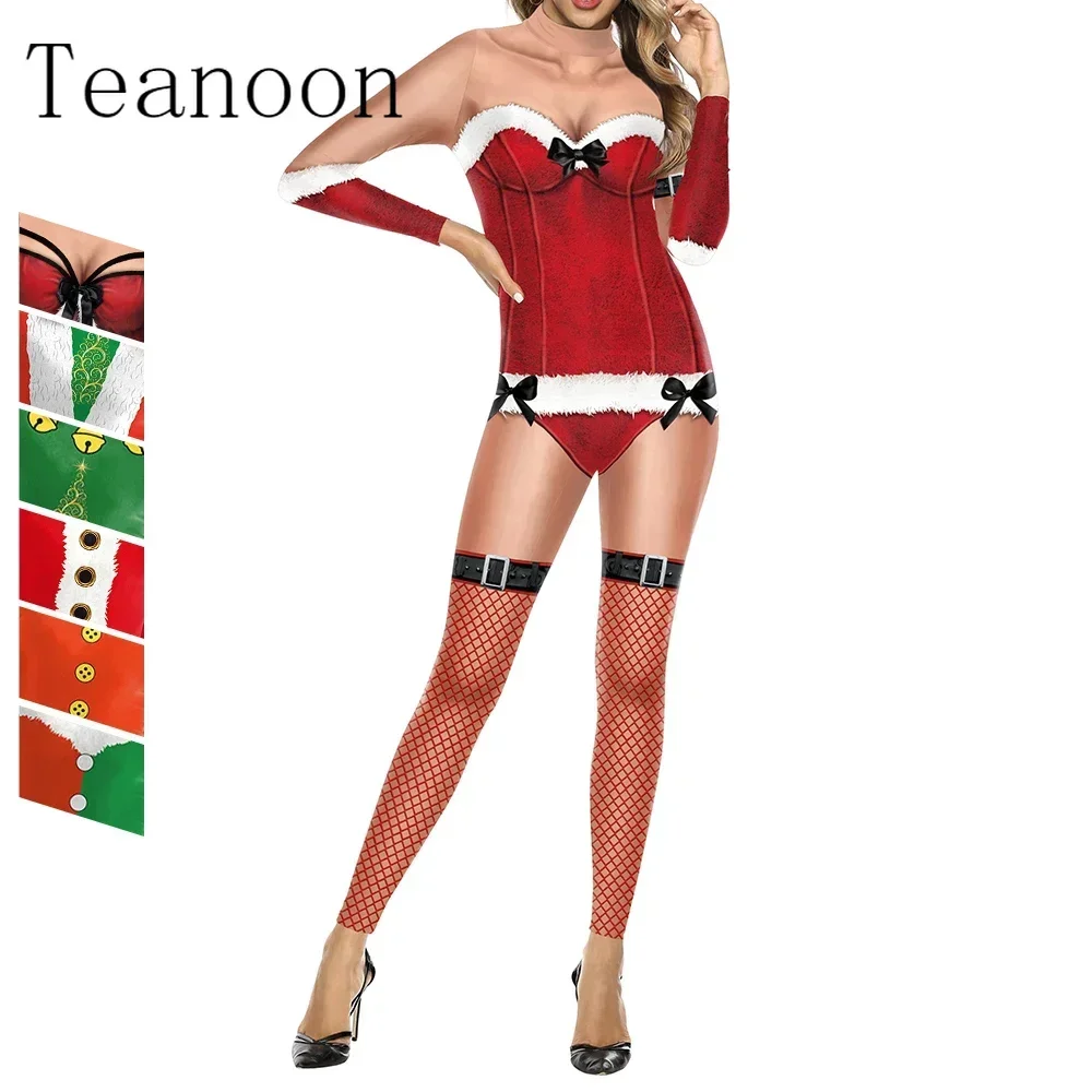 

2024 New Christmas Jumpsuit Men Women Holiday Party Cosplay Costume Santa Claus Onesie Set Female Digital Print Funny Bodysuit