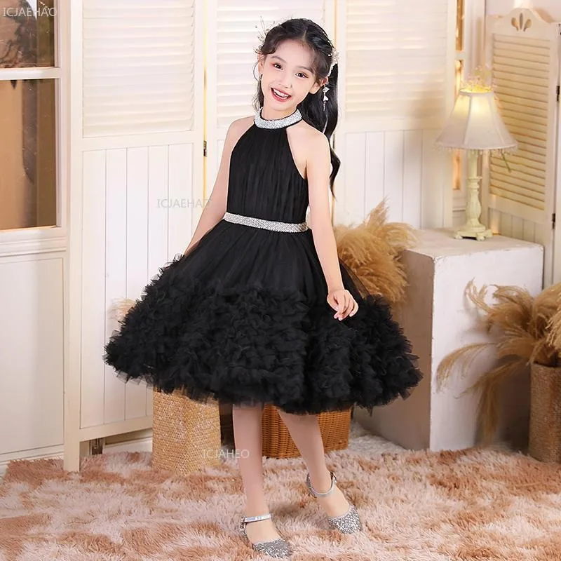 Girls Black Birthday Princess Dress Puffy Tulle Ball Performance Flower Girl Evening Gown Gown with Train for Kids Pageant Party