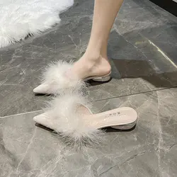 New Summer Fluffy Peep-toe Sexy Heels Women's Fur Fashion Wedding Slip on Comfortable Simple Style Zapatillas Mujer Pointe