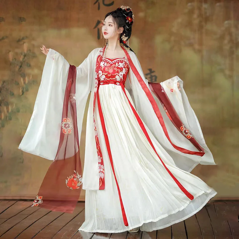 Hanfu Chinese Dress Women Traditional Vintage Hanfu Halloween Cosplay Costume Summer Dance Dress Hanfu Gradient Red 3pcs Sets