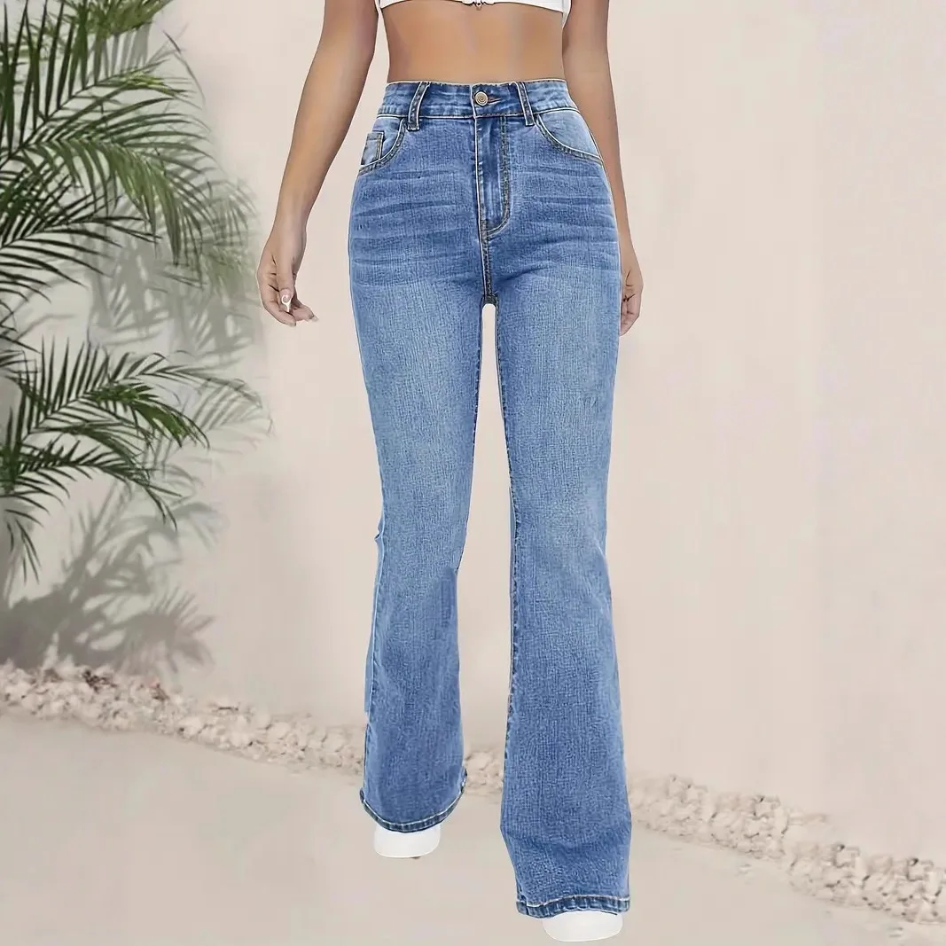 جينز نسائي عالي الخصر بقصة ضيقة من قماش الدنيم المطاطي سروال طويل متعدد الاستخدامات عالي المرونة أوروبي Sle لون عميق