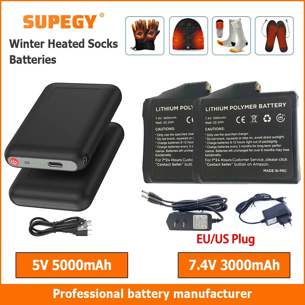 Winter Heated Socks Batteries 7.4V 3000mah/5V 5000mah Li-Polymer Battery Packs for Warm Gloves Clothes Hat Charger Power Bank