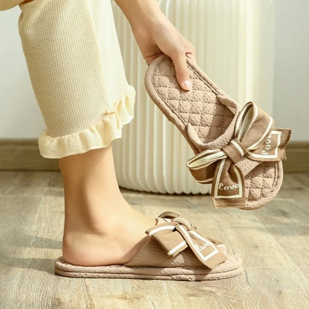 Love Bow Bowknot Floor Slippers with Silent Flat Platform Cloth Bow Slippers Elegant Indoor Home Home Slippers Shoes All Seasons