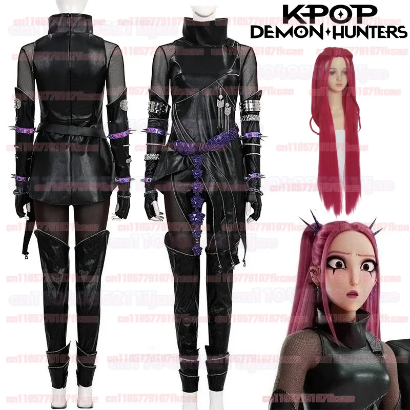 Rumi Mira Kpop Demons Hunters Zoey Cosplay Costume Wig Set for Girls Black Gothic Suit Halloween Party Performance Child Costume