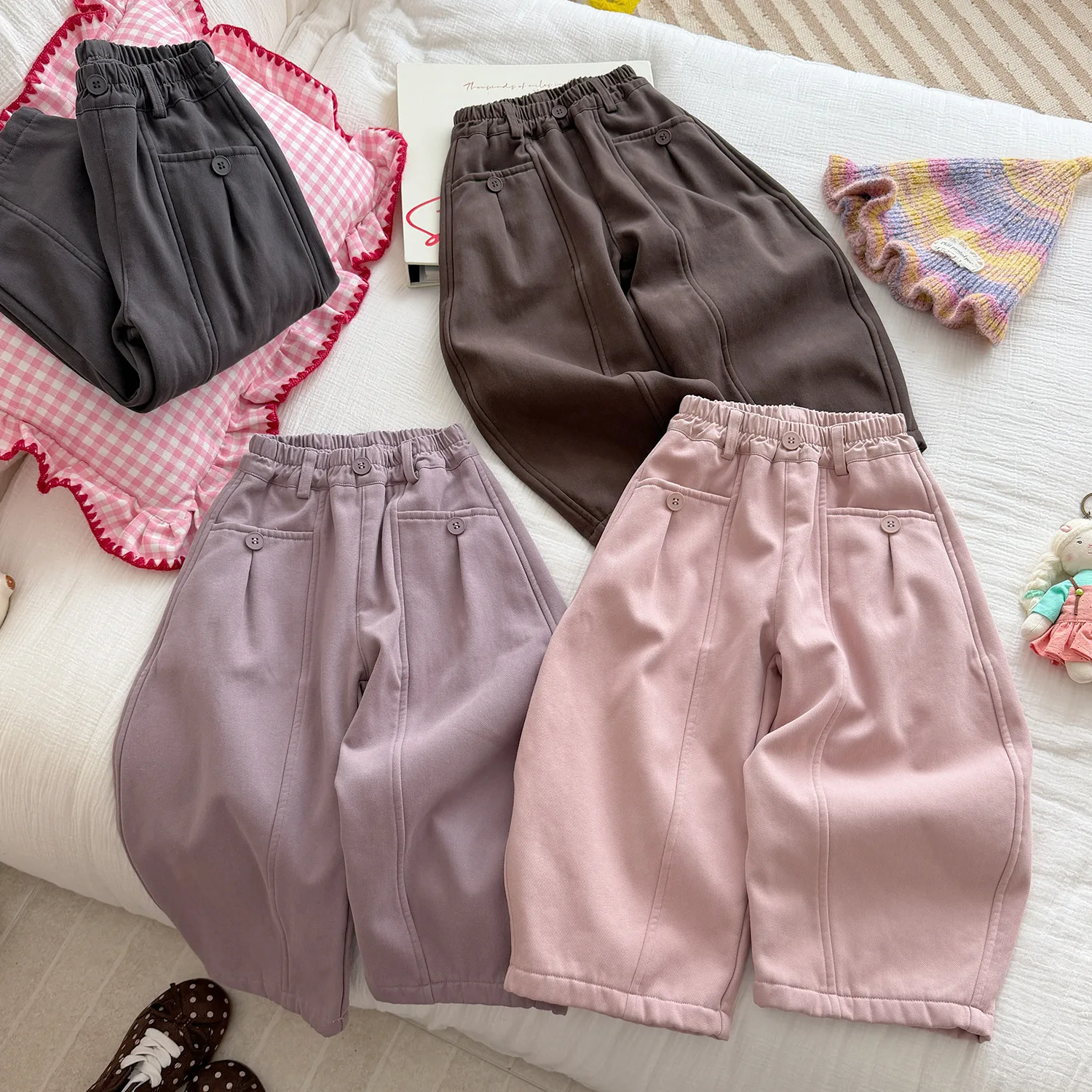Girls' Winter Thick and Plush Casual Children's Elastic Waist Pure Cotton Pants