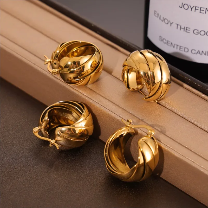 Vintage Multi Layer Hoop Earrings For Women Stainless Steel Gold Plated Waterproof Women\'s Dangle Earring Ladies Luxury Jewelry