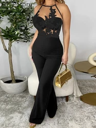 Women Sexy Halter Lace Spaghetti Strap Sheer Mesh Jumpsuit