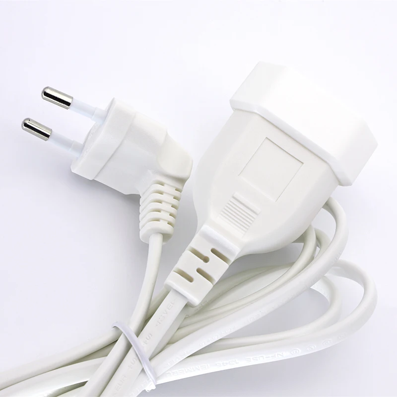 1pc EU Power Extension Cord Angled European Round 2Pin Male to Female Plug Power Cable EU Power Socket Port Saver Extender White