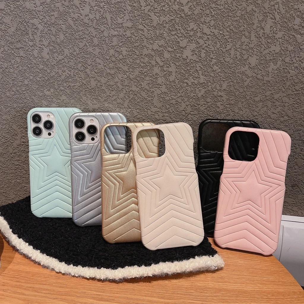 Stereoscopic Knurling Five Pointed Star Leather Cover Case for iPhone 16 15 14 13 12 11 Pro Max Shockproof Protective Phone Case