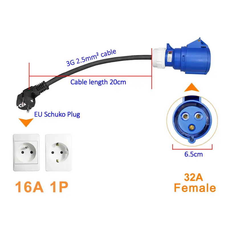 Blue CEE plug 32A to 16A EU Schuko adapter for portable EV charger