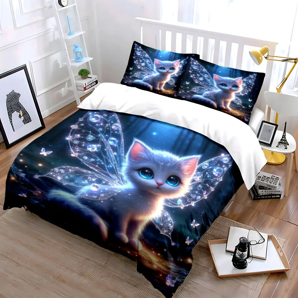 Mystical fairy cat in glowing forest Printed Duvet Cover Set1 Duvet Cover+2 PillowcaseMulti Size Bedroom Bedding Decor