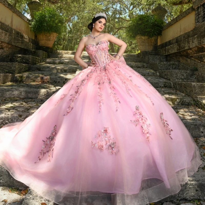

Розовые блестящие платья Quinceanera с открытыми плечами и блестками, аппликация, цветок, бисер, кристалл, бант, корсет, тюль, вечеринка, день рождения, сладкий 16