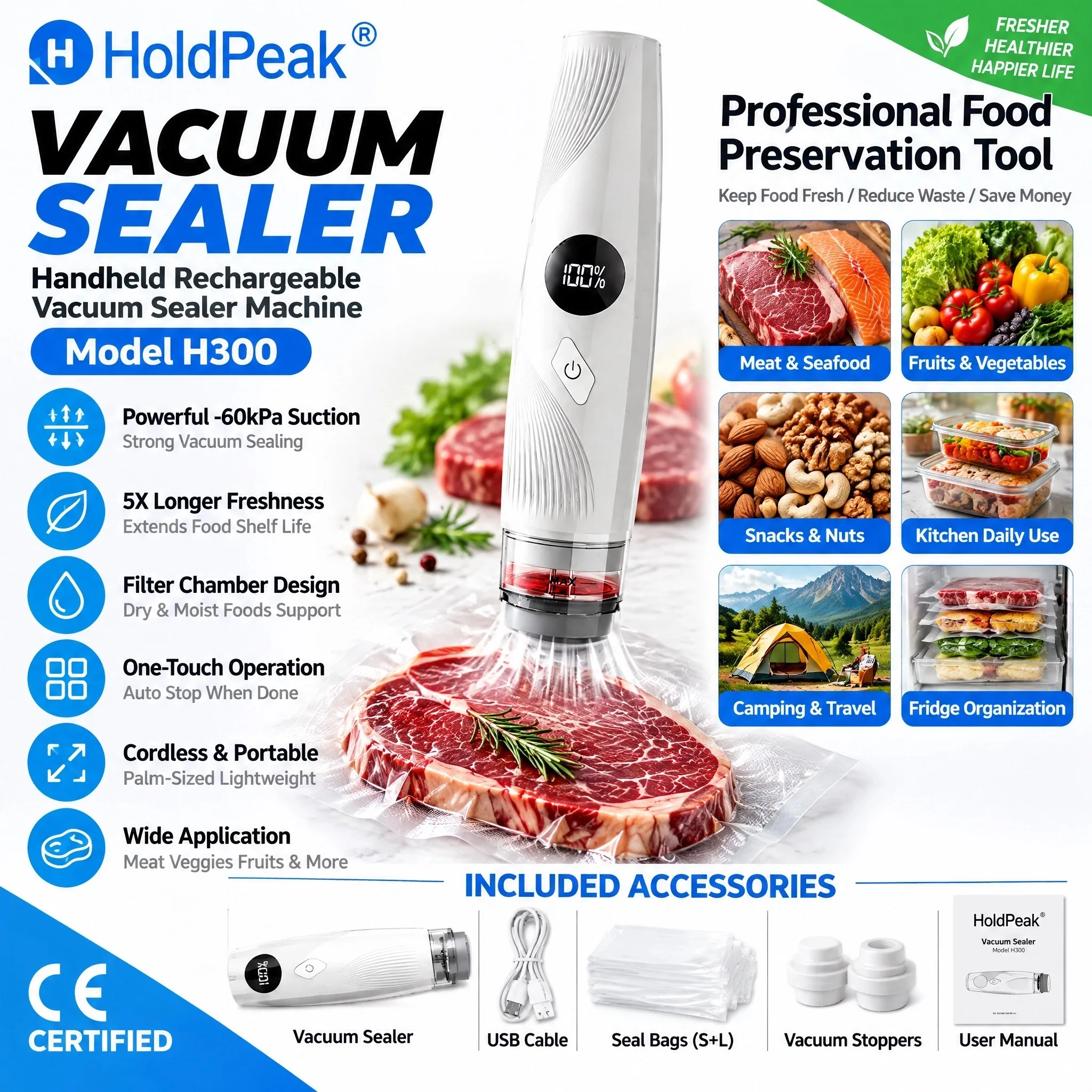 HoldPeak Cordless Handheld Vacuum Sealer Rechargeable 60kPa One-Touch Auto Stop for Meat Seafood Fruit Vegetables Dry Wet Food