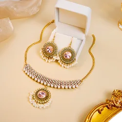 Boho Retro Golden Necklace Earrings Set For Women Luxury Multicolor Gemstone Tiny Zircon White Beads Pendant Jewellery Sets