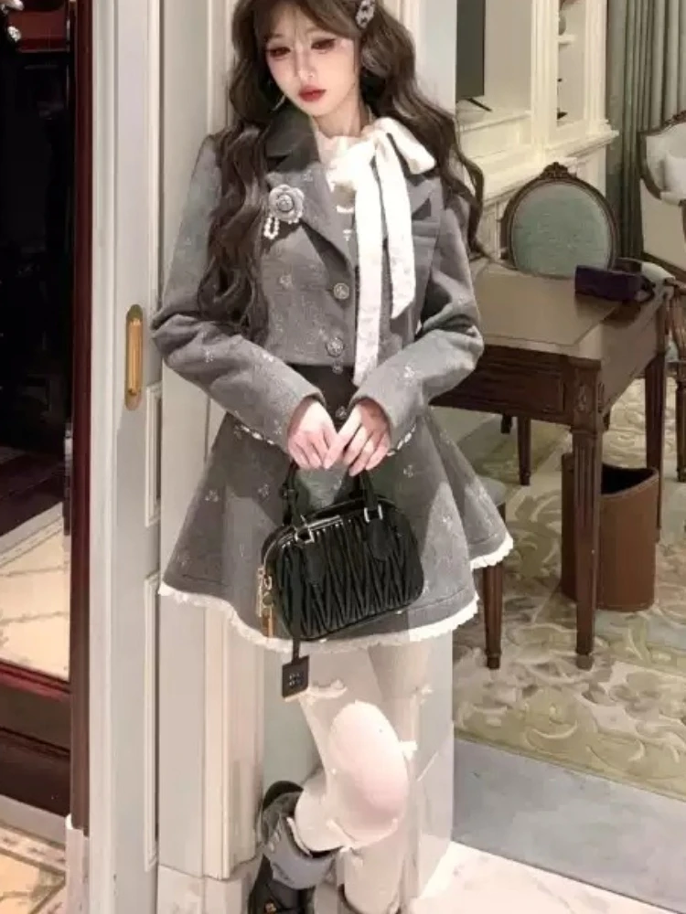 French Luxury Elegant 2 Piece Set Women Slim Fit Short Coat + Lace Long Sleeve Dress Chic Fashion Vintage Party Evening Outfit