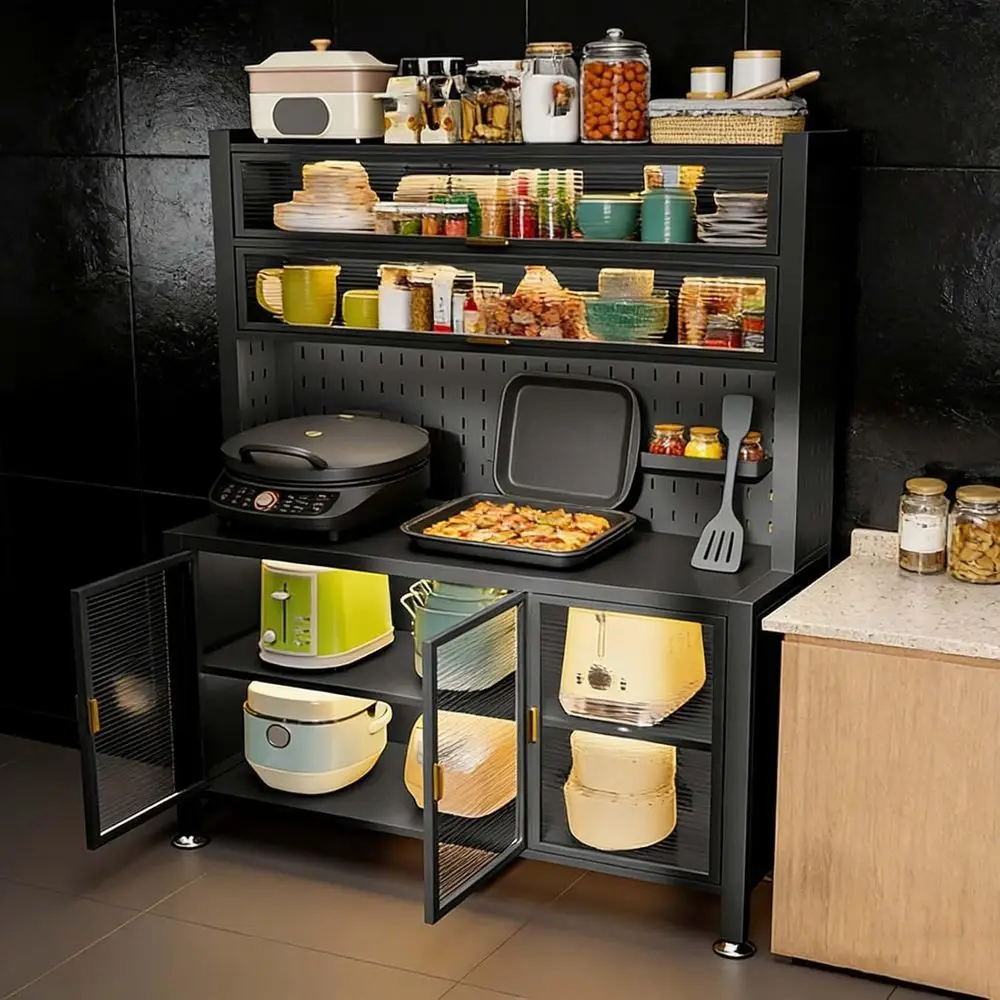 Gray Spacious Kitchen Storage Cabinet with Adjustable Shelves, Pantry Organizer, and Hook Racks