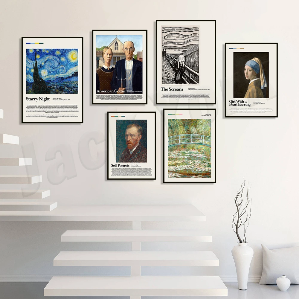 Van Gogh Self-Portrait, Starry Night, Water Lilies, The Scream, Nighthawks Poster, La Grande Jatte Sunday Exhibition Poster