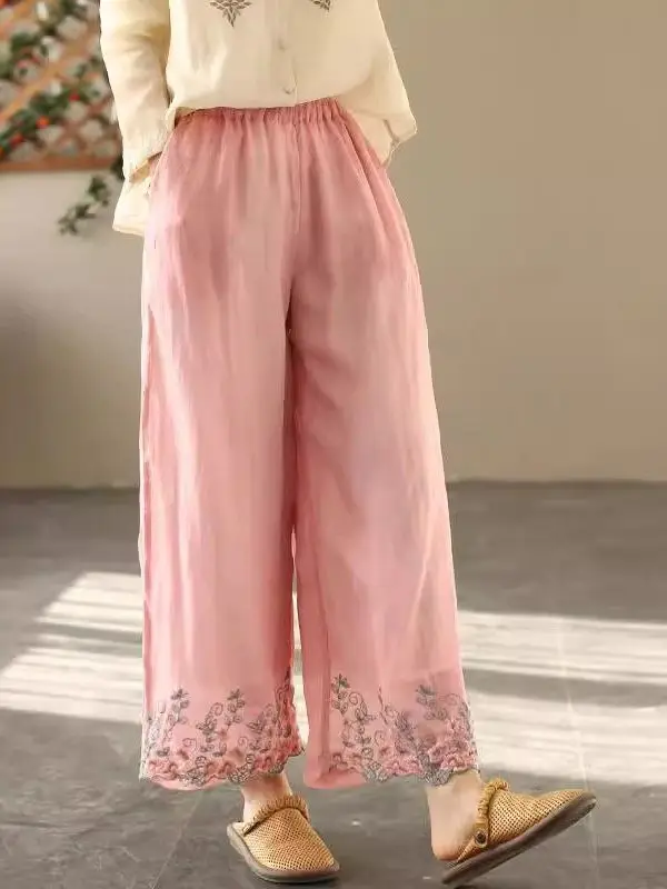Novas Calças de Linho de Algodão Bordadas Chinesas com Pernas Largas para Mulheres, Calças Casuais de Verão com Cintura Alta e Corte Reto