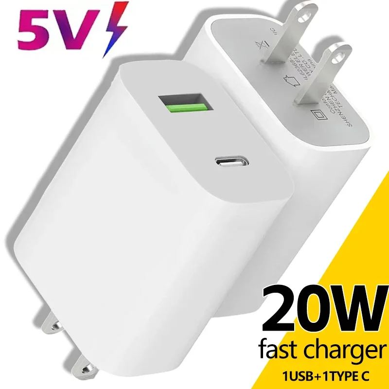 Bloque de cargador de pared USB C de 5V, enchufe de carga tipo C de doble puerto PD de 20W para iPhone, iPad, Samsung, Galaxy, Xiaomi, cargador rápido