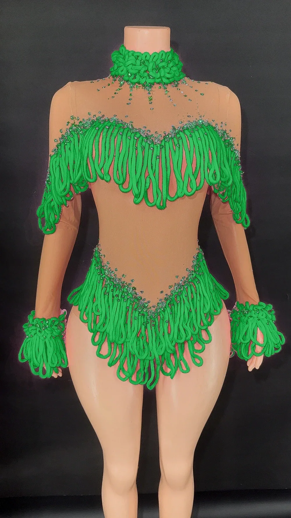 بدلة للجسم بشراشيب من حجر الراين اللامع للنساء، أكمام طويلة، شبكة مثيرة، شفافة، زي رقص الأداء، ملابس المسرح