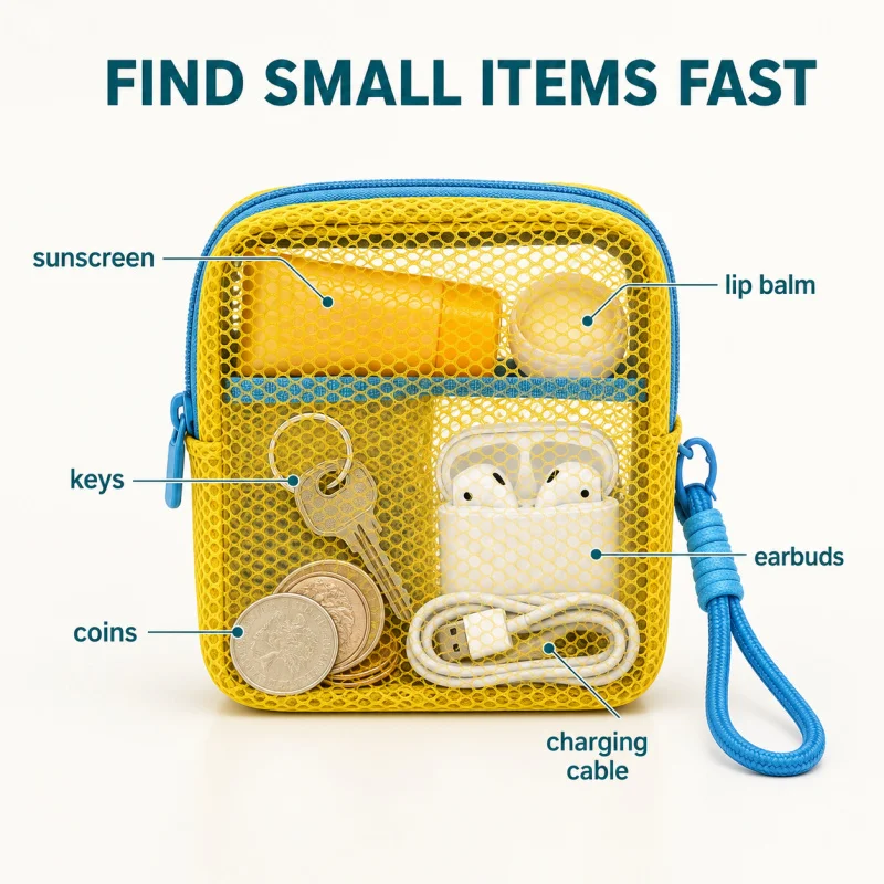 Small Mesh Beach Pouch Clear Cosmetic Bag with Detachable Wrist Strap Travel Organizer for Sunscreen Keys Cables image 3