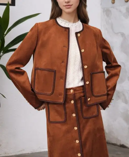 

Женская куртка 2021, осенне-зимняя модная замшевая куртка с длинными рукавами и цветными краями, короткая стильная простая и элитная куртка