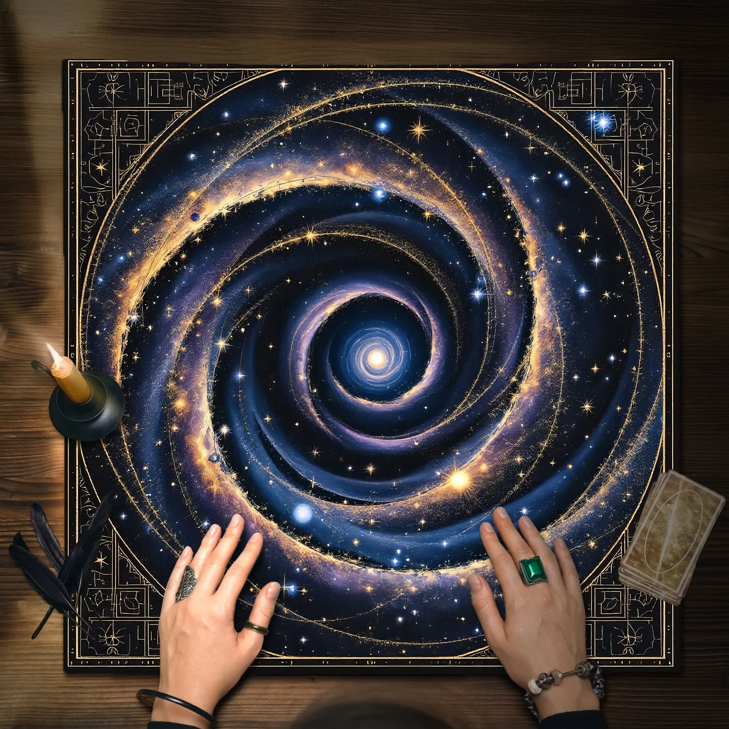 Cosmic Sacred Spiral Tarot Tablecloth Multiple Sizes HD Sublimation Print Dark Blue Star Witch Symbols 100 Polyester Machine
