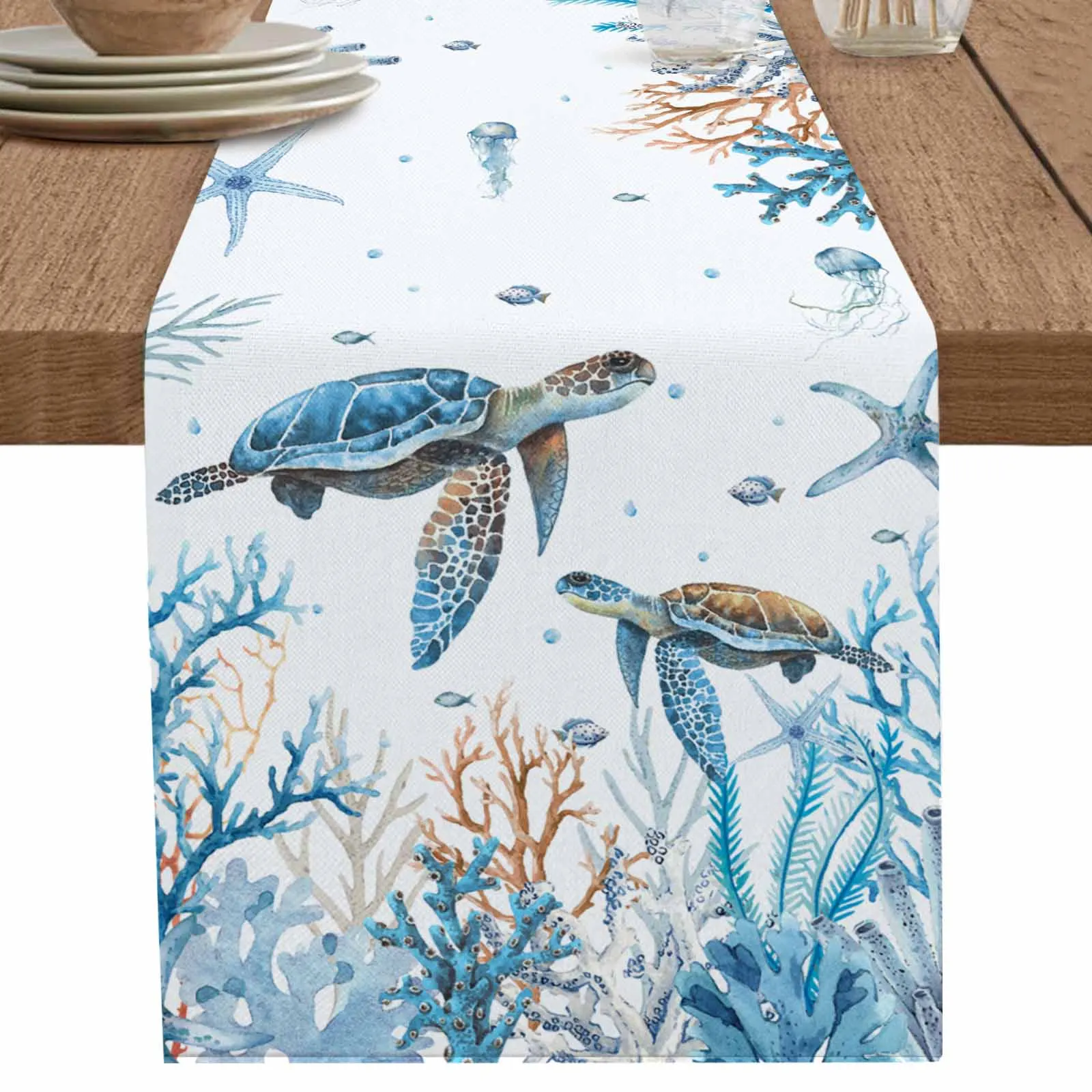 Ocean Coral Starfish Turtle Jellyfish Blue Runner Wedding Decor Table Cover Holiday Party Coffee Table Decoration Tablecloth