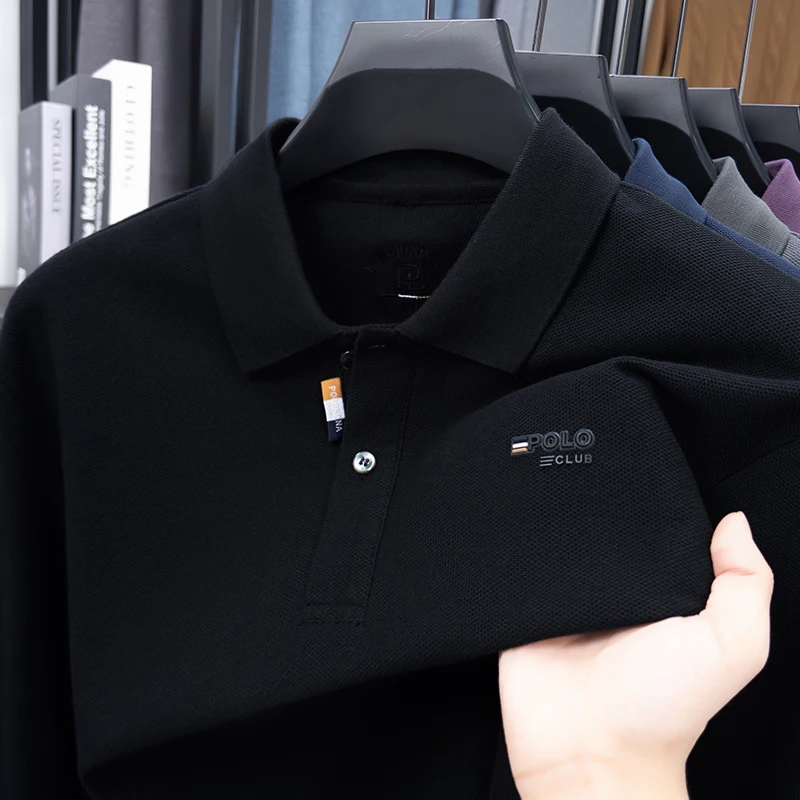 Mens Autumn Long-Sleeved Pullover Polo Shirt Lapel Button Letter Print Casual Keep Warm Clothing for Middle-Aged and Elderly Men