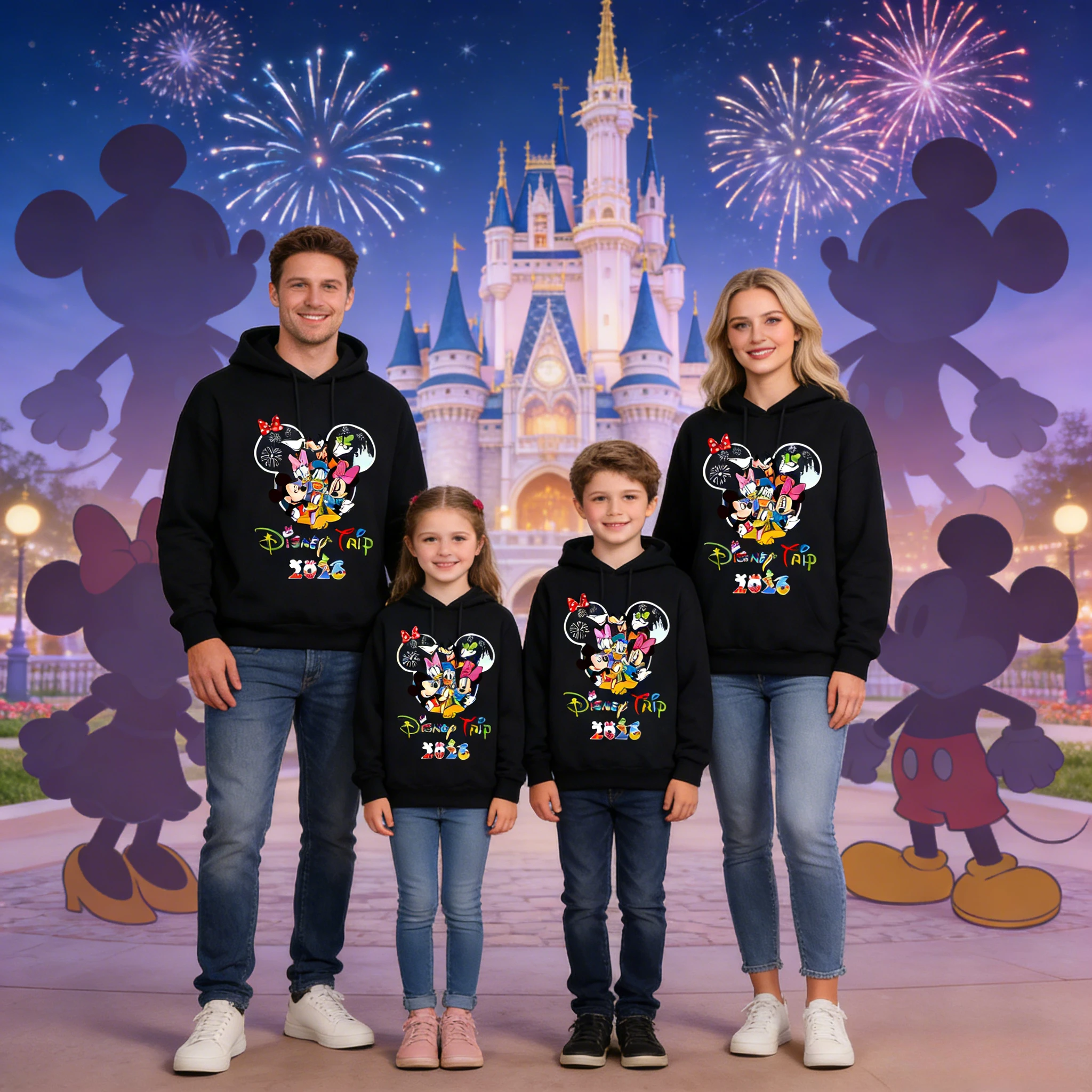 2026 Autumn & Winter  Parent-Child Hoodies, 100% Cotton Casual Mickey & Friends Print Family Matching Hooded  for Men & Women