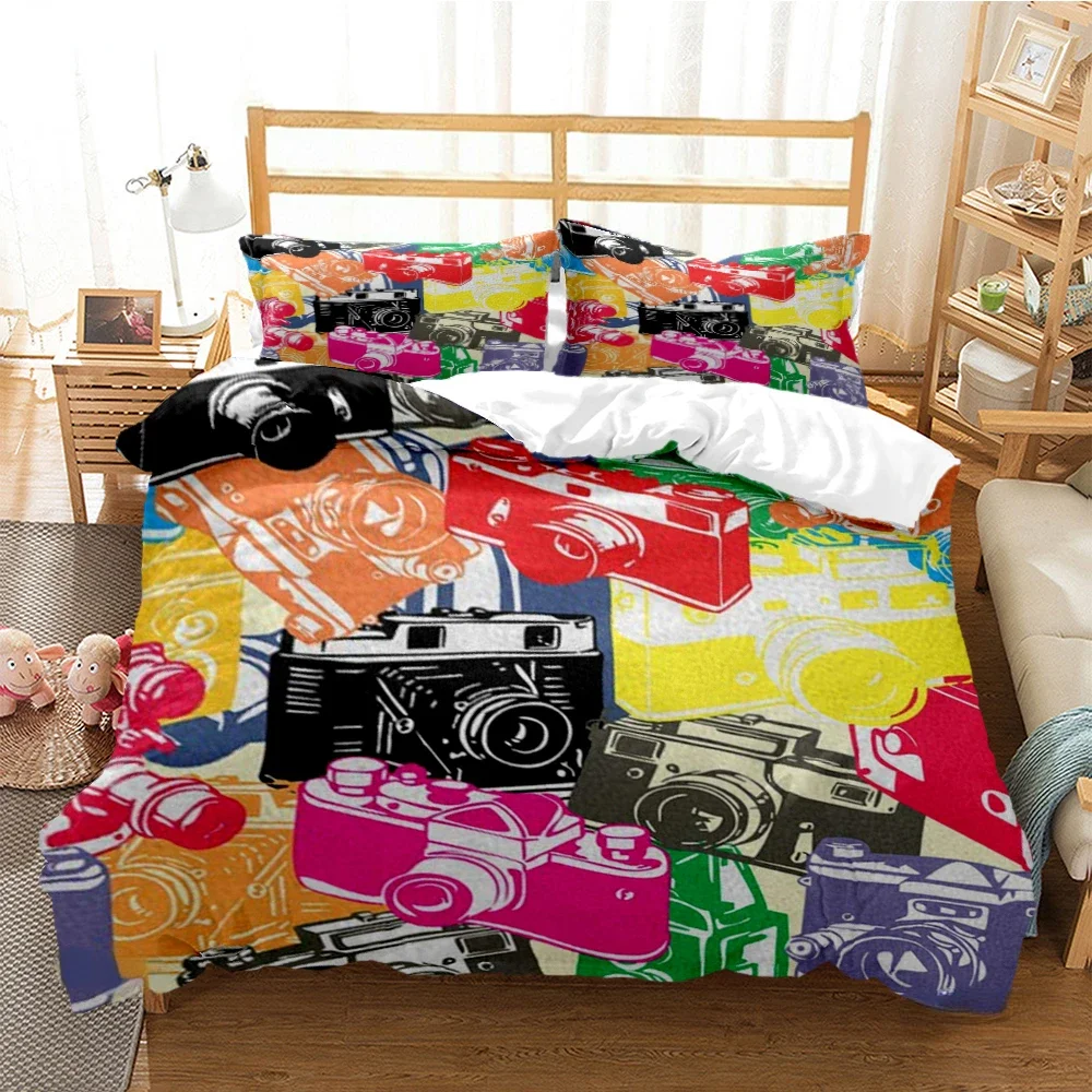 

3PCS Single-sided Vintage Camera Printed Comforter Bedding Sets Comfortable Bedspreads Comforter Duvet King Queen Bedding Gift