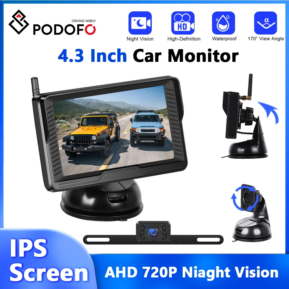 

Podofo IPS Screen Car Monitor Dash CAM Dashboard IP69 Waterproof 4.3inch Backup Monitor Wireless Camera Rearview Reverse Cam