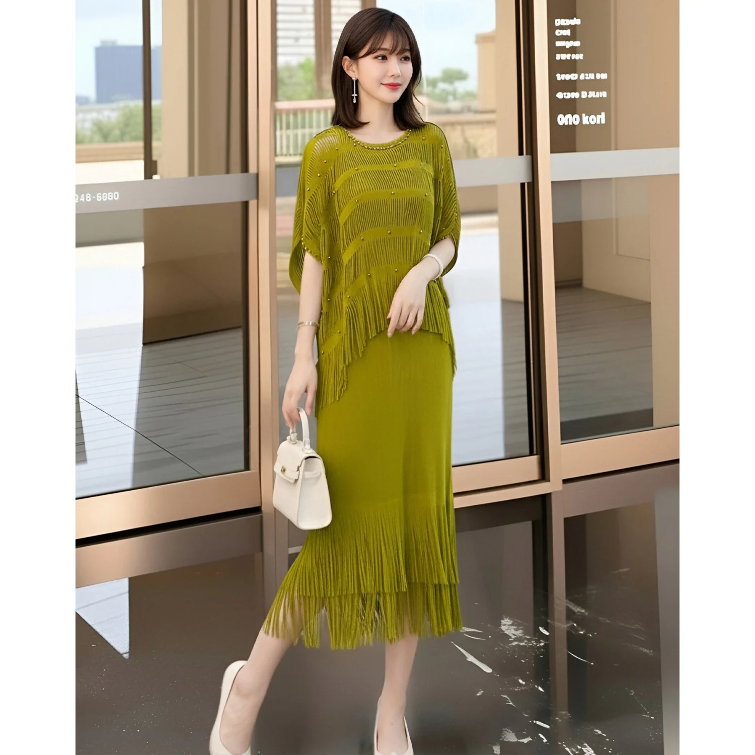 

Miyake Pleated Dresses Plisse Women Loose Plus Size 2026 Summer New Hollow Tassel Knitted Shawl Cover-Up Outerwear Shawl Dress
