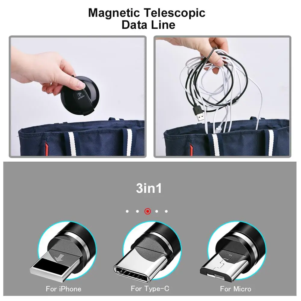 3 In 1 USB Retractable Magnetic Cable Type C Micro For Universal Iphone Huawei Samsung Xiaomi Cable Faster Charging  Cable