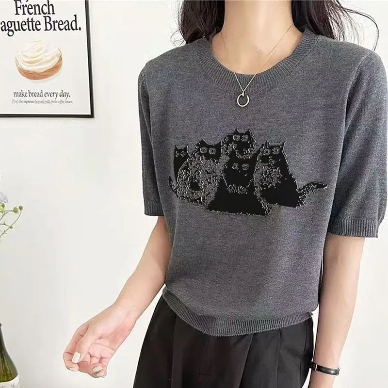 T-Shirt à manches courtes tricoté en soie glacée pour femme, col rond, manches fines, ample et Slim, printemps et été