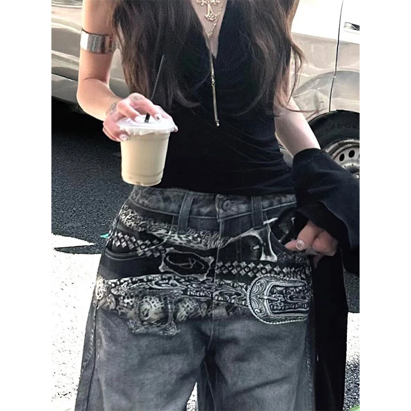 Jean imprimé taille haute rétro américain pour femmes, Hip Hop décontracté Baggy Y2K, pantalon en Denim à jambes larges, Streetwear Grunge, automne 2025