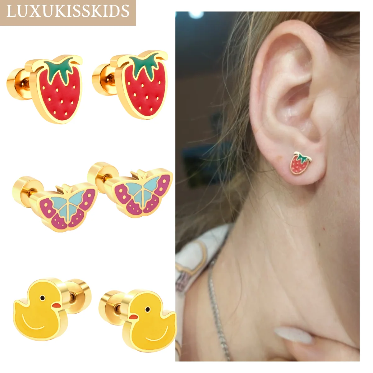 LUXUKISSKIDS сережки Cute Stud Earrings Woman/Girl Studs Surgical Steel Acrylic Heart Animal Strawberry Piercing Hyposensitivity