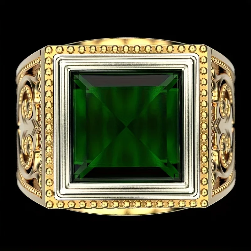 Sparkling Square Cut Green Zircon 14K Gold Plated Punk Motor Biker Ring for Men Fashion Vintage Hollow Design Turkish Jewelry