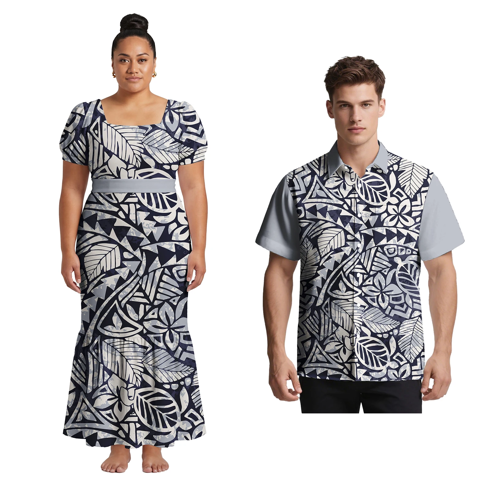 Hot Sale Holiday Polynesian Men Shirts Women Square Neck Lace-up Samoan Dress Hawaii Elegant Flowers Tribal Print Couple Outfits